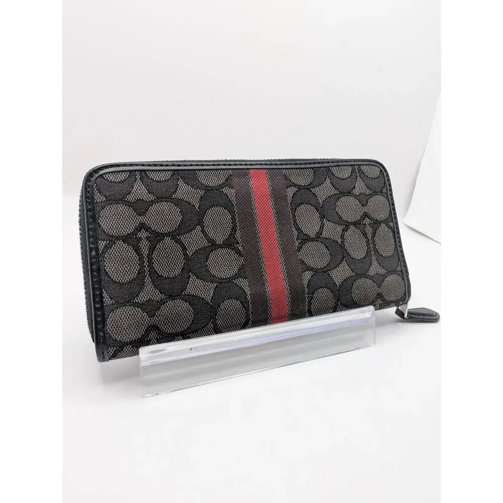 Authentic Coach Signature Varsity Stripe Zip Around Wallet Black Red